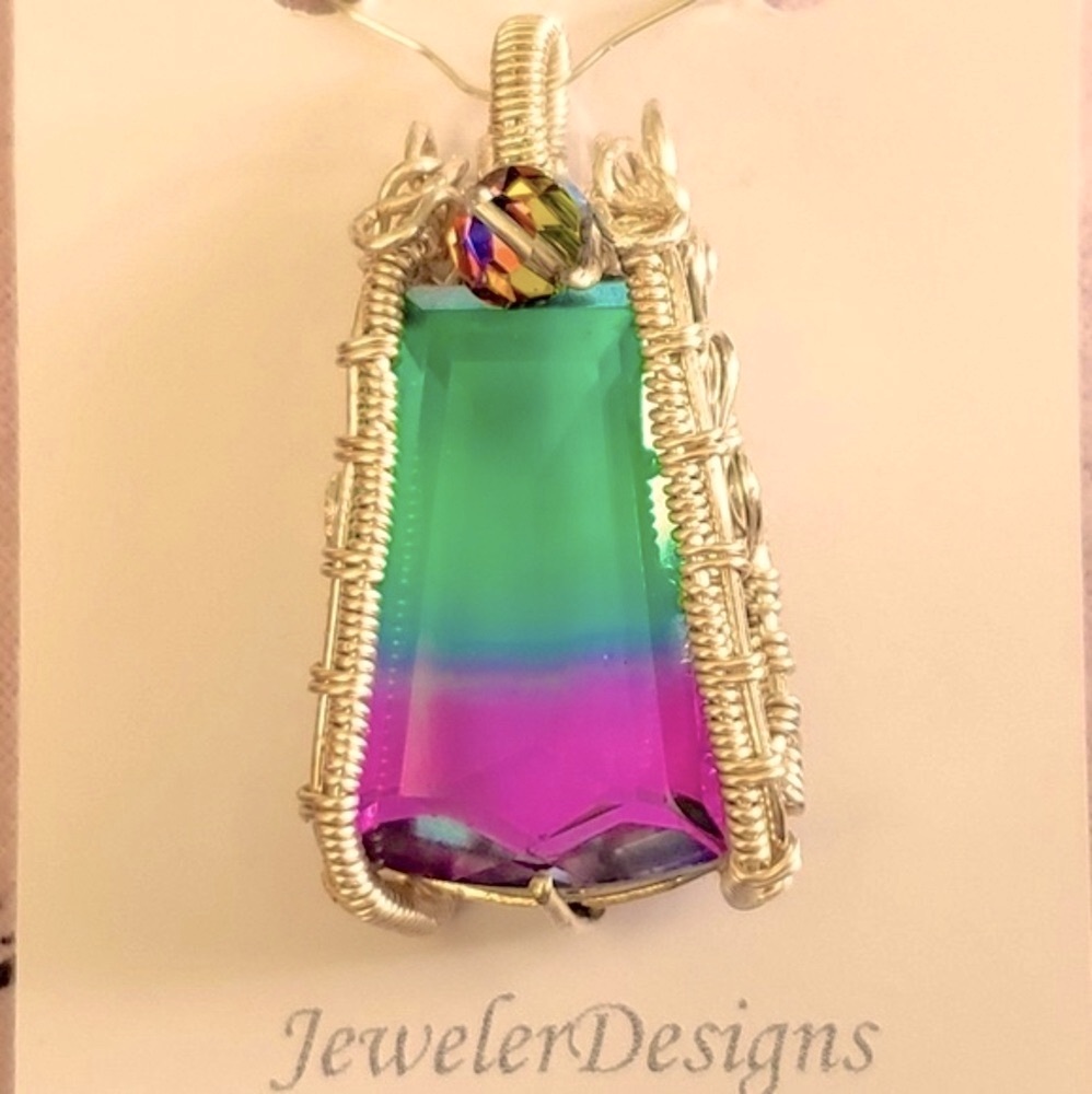 Artisian Wrapped Watermelon Tourmaline Stone in Silver & a 1950's Crystal
